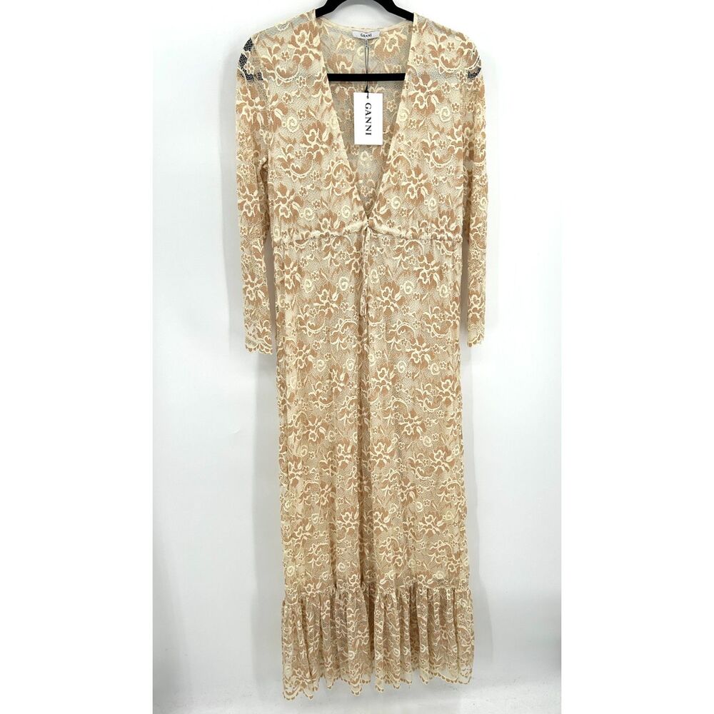 GANNI Flynn Lace Vanilla Ice Floral Maxi Dress Long Sleeve Boho Ruffle Medium